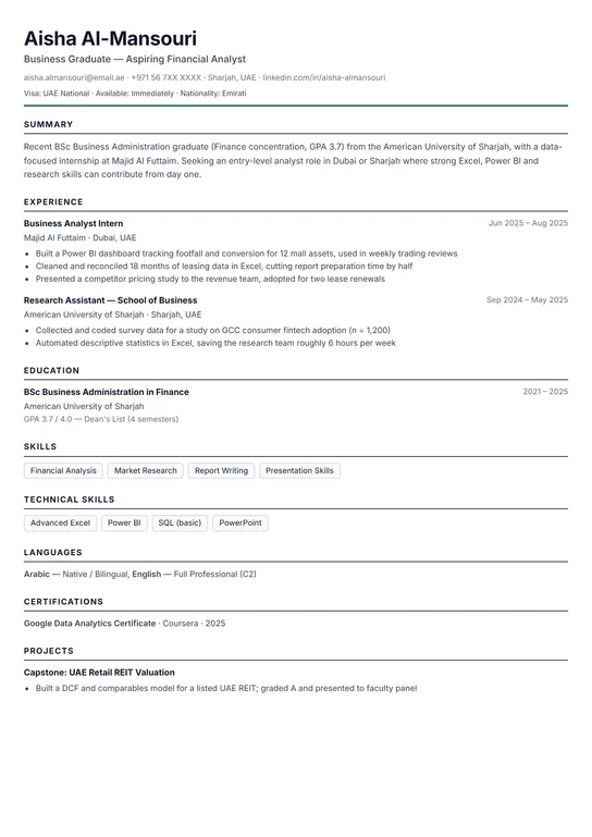 ATS Clean CV template preview — Fresh graduates and first-job applicants in the UAE