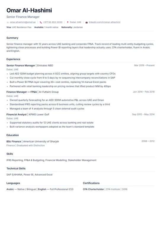 Classic CV template preview — Best for banking, DIFC, finance & corporate roles