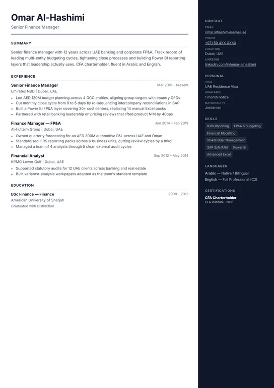 Corporate CV template preview — Right sidebar layout — best for direct email to a recruiter