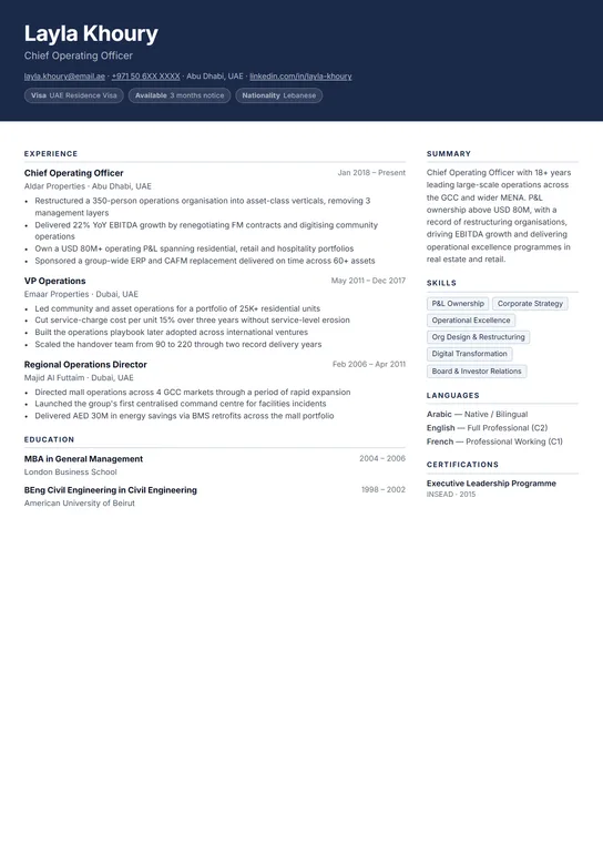 Executive Split CV template preview — Dark header, two-column body — for senior professionals