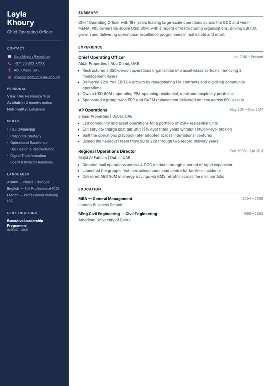 Executive CV template preview — Navy sidebar for senior roles — best for direct email to a recruiter