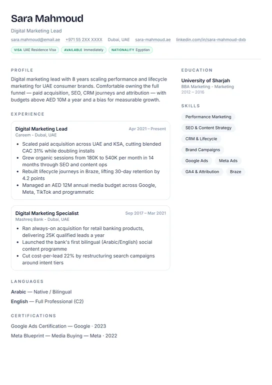 Modern CV template preview — Two-column layout for creative, tech, and marketing roles
