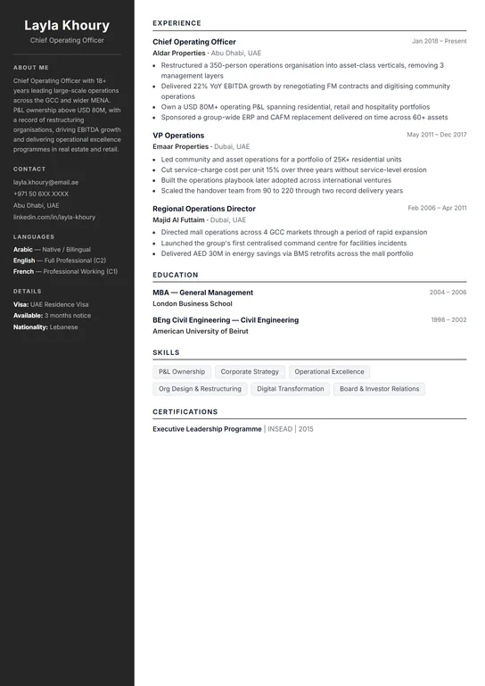 Onyx CV template preview without photo