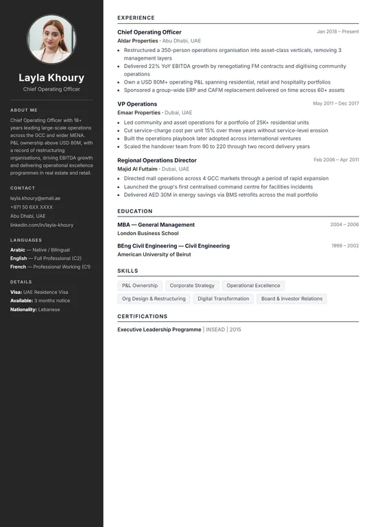 Onyx CV template preview — Charcoal sidebar with a bold profile photo — modern and confident