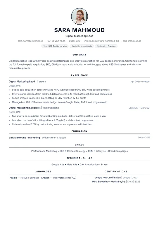 Professional Photo CV template preview — The Professional layout with a profile photo — recruiter-ready