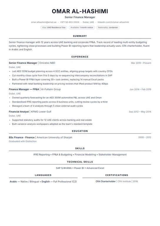 Professional CV template preview — Centered single-column with a clean headline strip