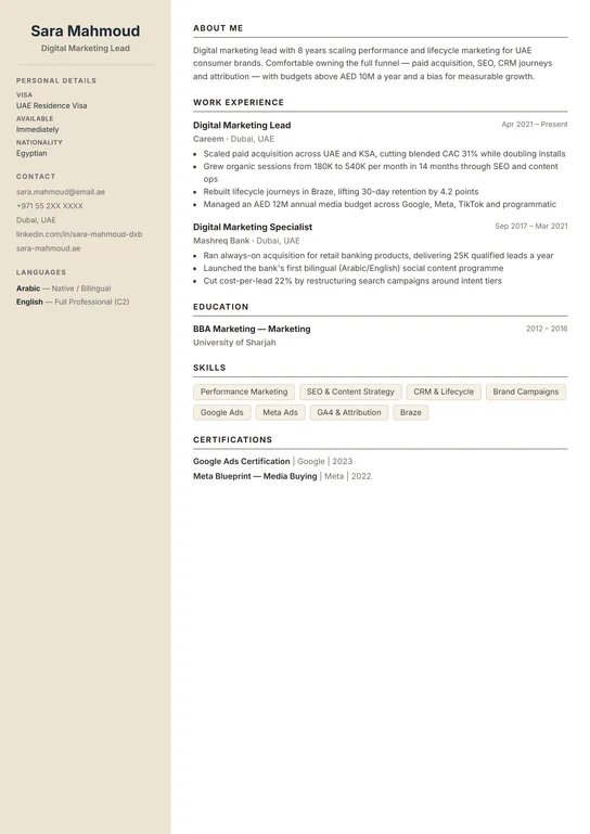 Sandstone CV template preview without photo