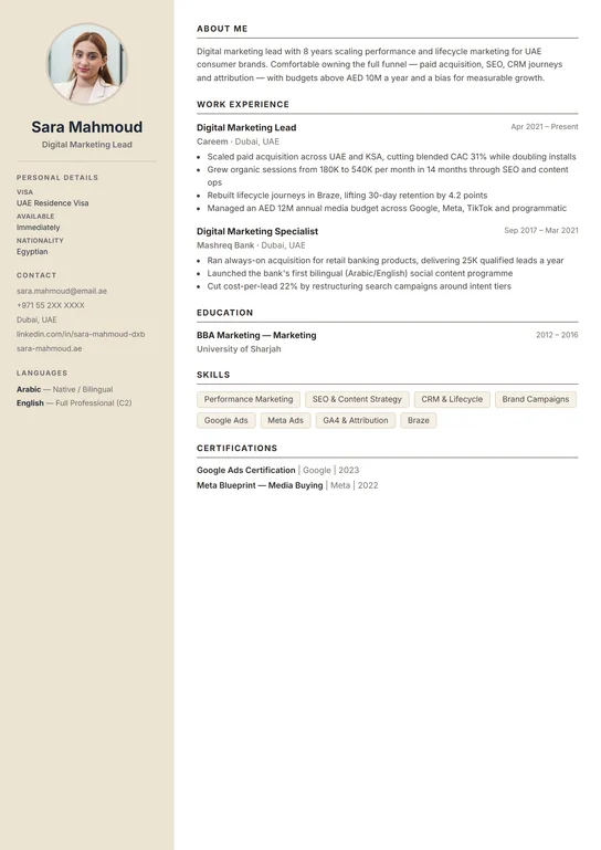 Sandstone CV template preview — Warm sidebar with a UAE personal-details panel and photo